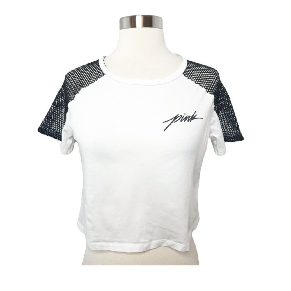 Victoria Secret Pink White Cropped Mesh Sleeve T-Shirt XS